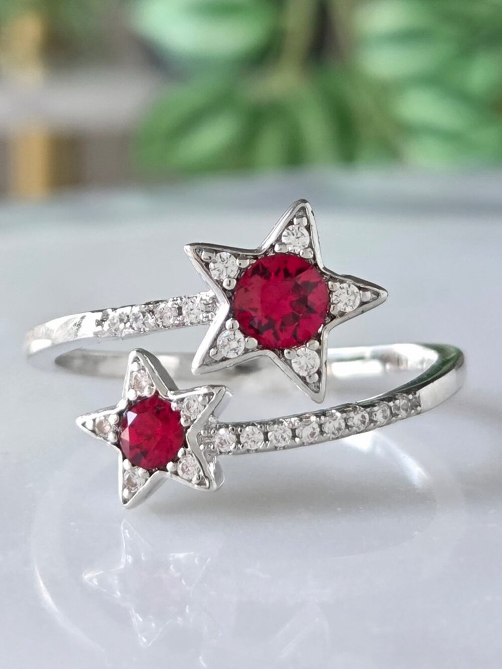 Red Ruby Star Ring with Swarovski Crystals, Celestial Theme